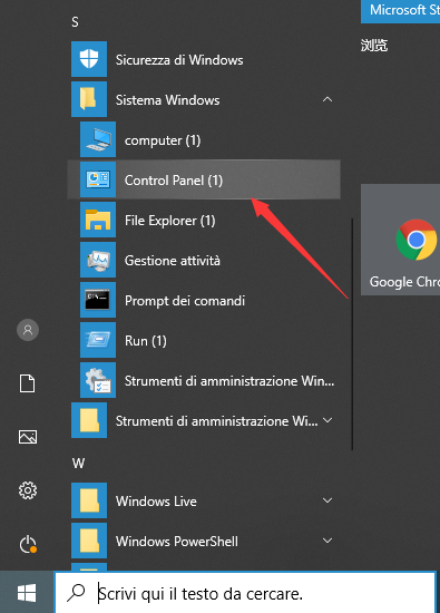pannello di controllo su Windows 10