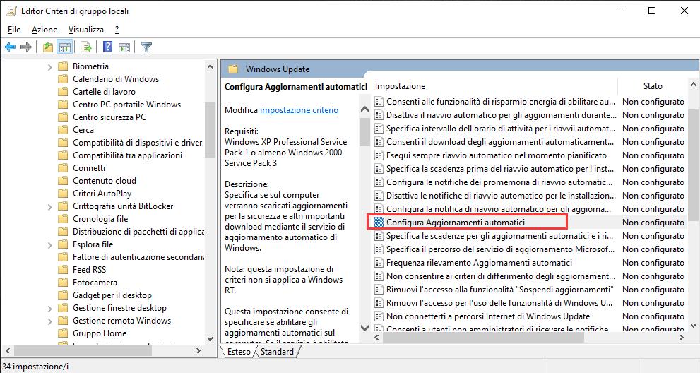 Aggiornamenti automatici su Windows 10