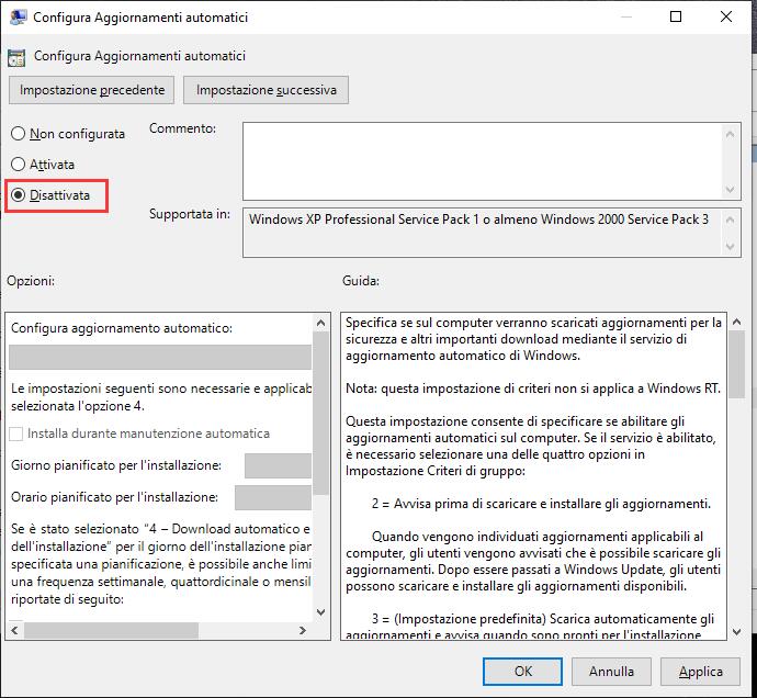 Aggiornamenti automatici su Windows 10