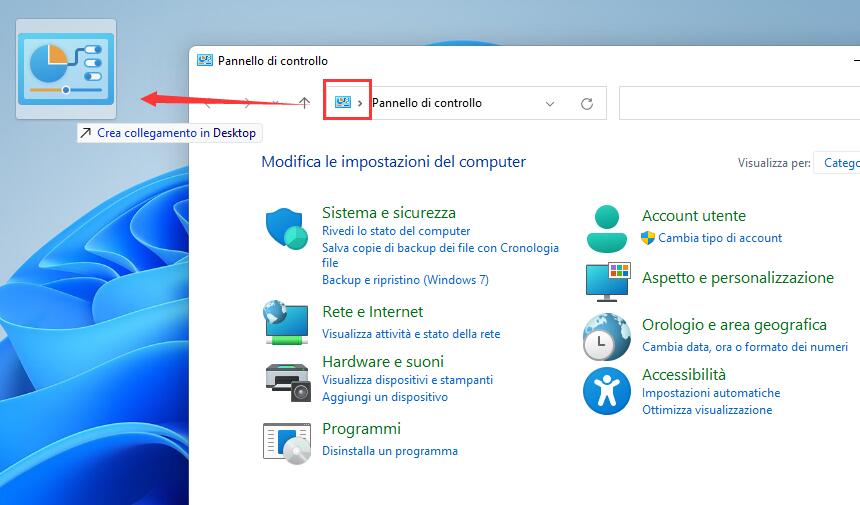 Creare una scorciatoia per il Pannello di Controllo 